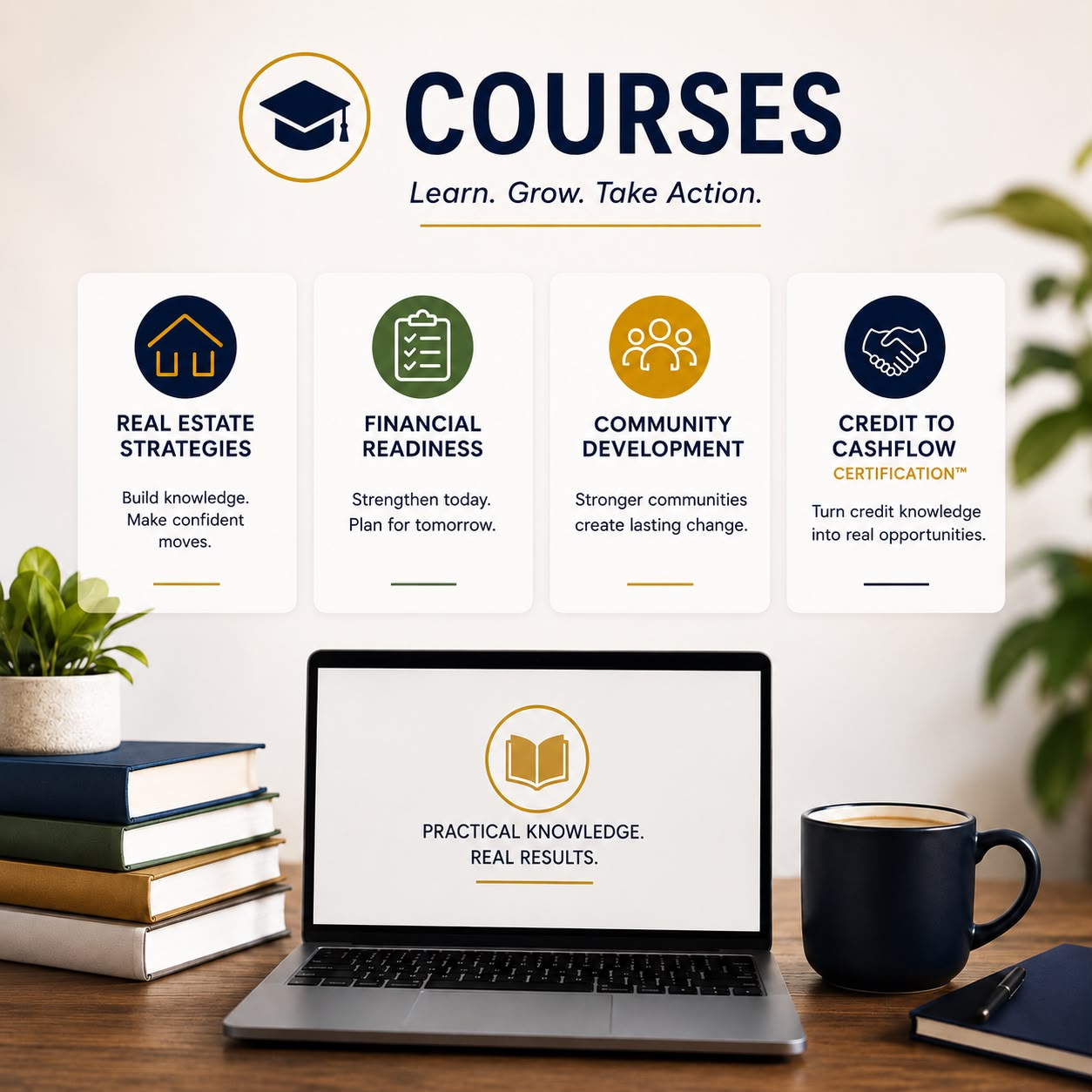 Courses: real estate strategies, financial readiness, community development, credit to cashflow certification