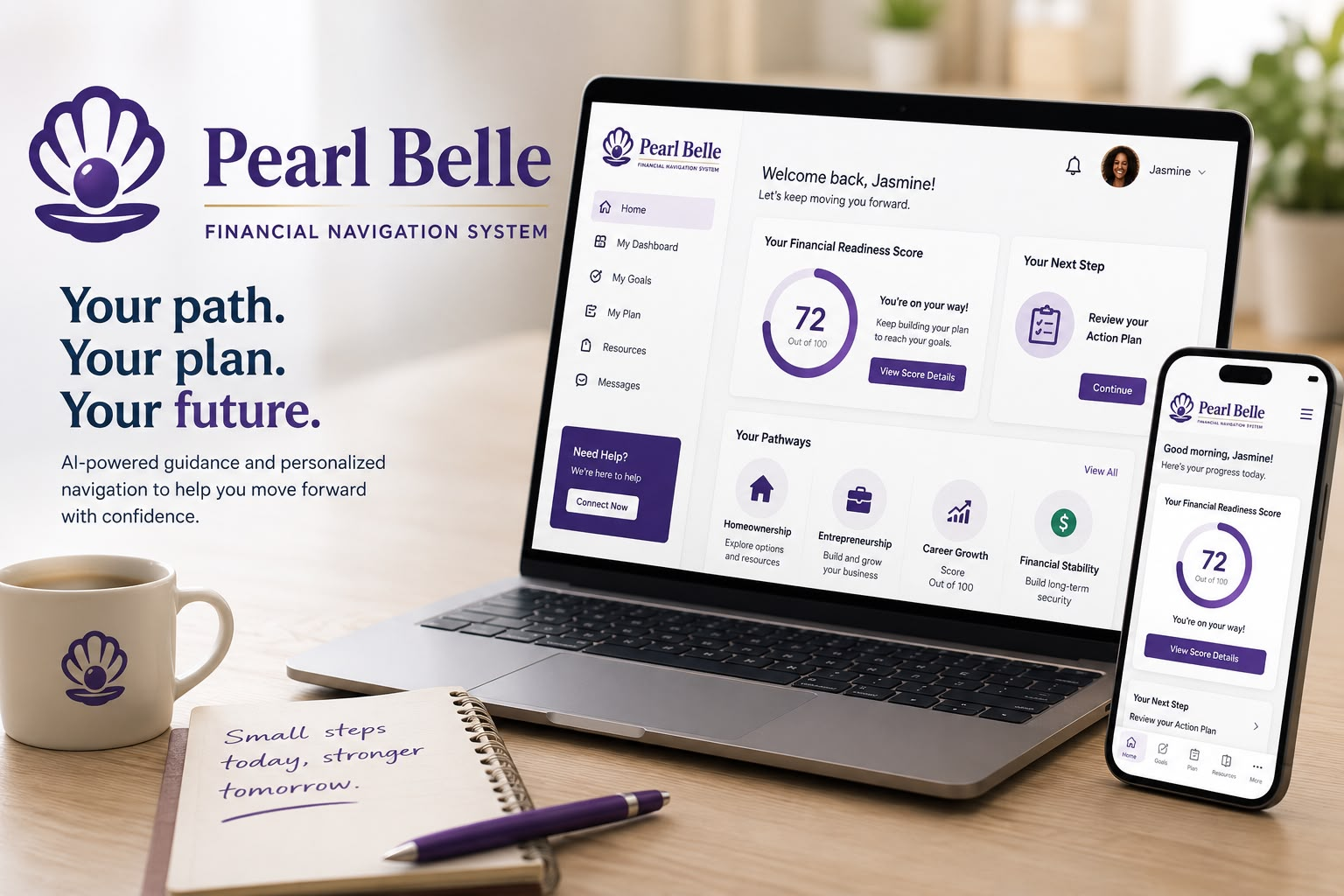 Pearl Belle financial navigation system shown on a laptop and phone