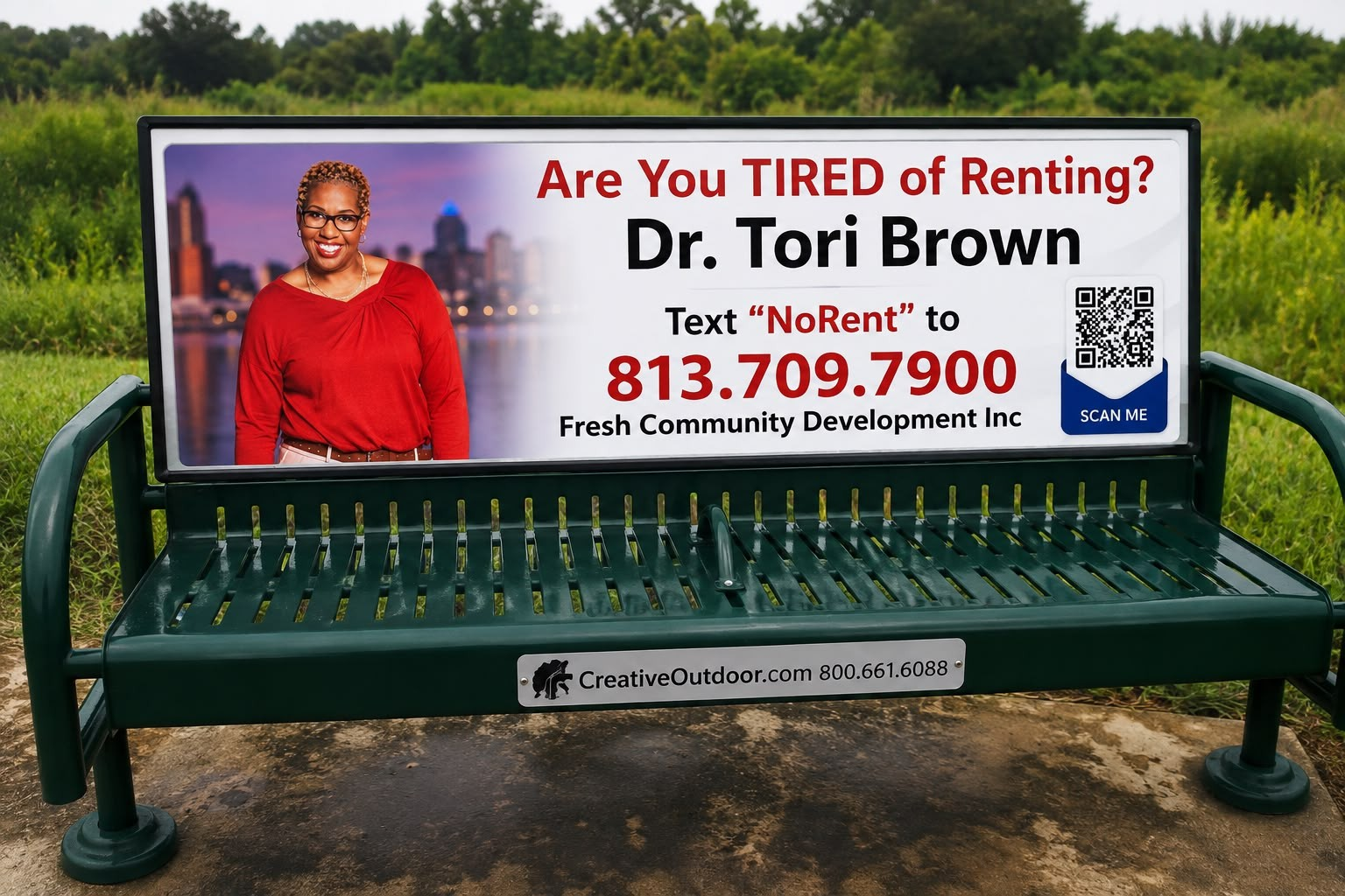 Fresh Community Development community bench advertisement featuring Dr. Tori Brown