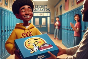 DALL·E 2025-06-24 15.56.07 - A touching scene in a middle school hallway. A young Black boy, around 12 years old, joyfully receives a new pair of sneakers from a kind adult, possi